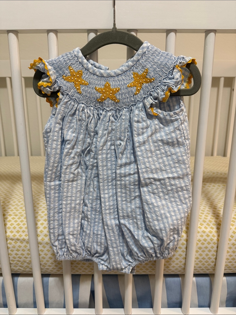 Blue and Yellow Star Smocked Baby One-Piece